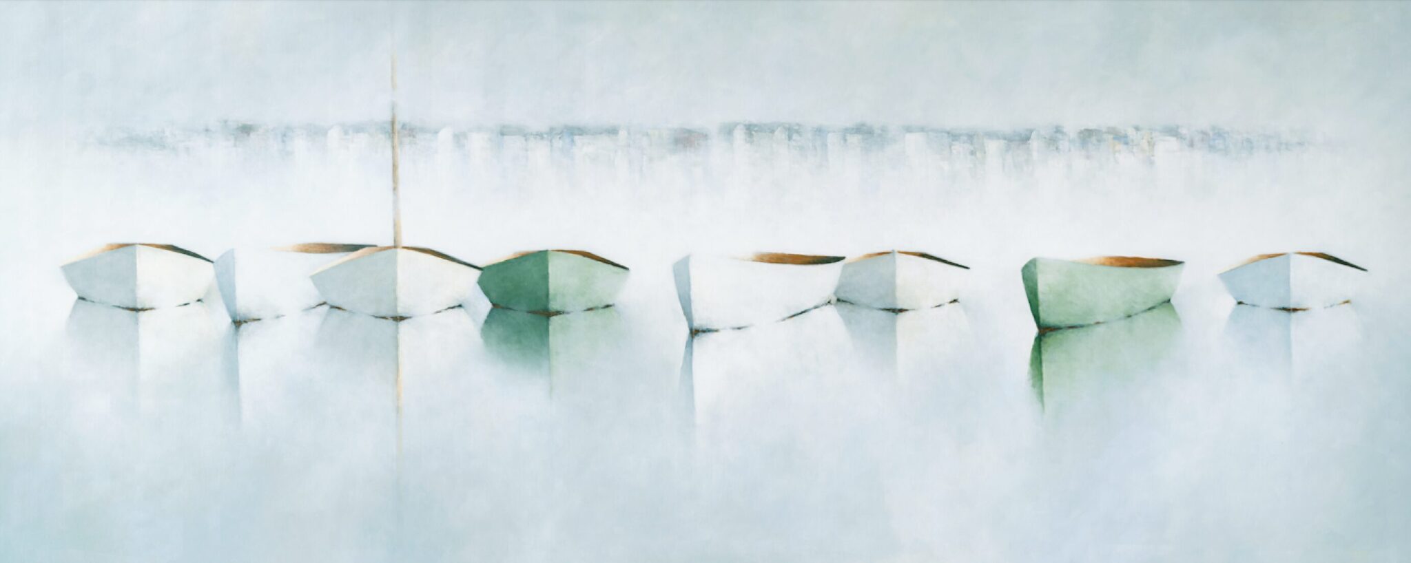 A minimalist painting of six white rowboats with slight green and brown hues, floating on calm, pale blue water. The boats and their reflections form soft, blurred shapes, conveying a serene, misty atmosphere with a faint line dividing water and sky.