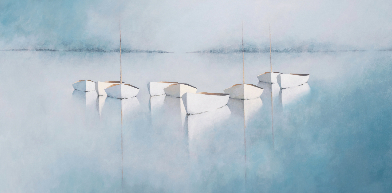 Six white rowboats float on calm, blue water, creating soft reflections. The background is misty with blended blue and white tones, giving a serene, dreamy atmosphere. The scene is minimalist, with subtle details and no people present.