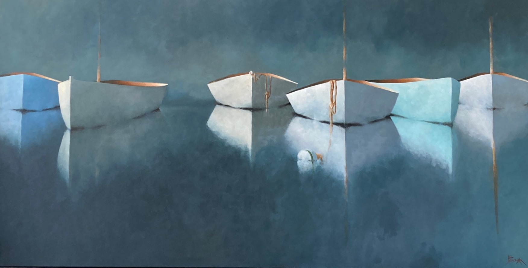 A 1 of 1 option Four white rowboats float on still, blue water, creating soft reflections. The background is hazy and blue, blending seamlessly with the water. The boats are arranged in a loose line, and the scene feels calm and serene.