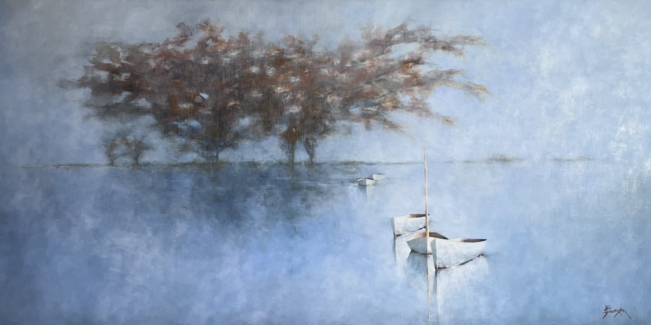 A soft, dreamy painting shows three small white boats floating on serene blue water. In the background, blurred trees with reddish-brown leaves are reflected on the water, creating a peaceful, misty atmosphere. The scene feels calm and tranquil.