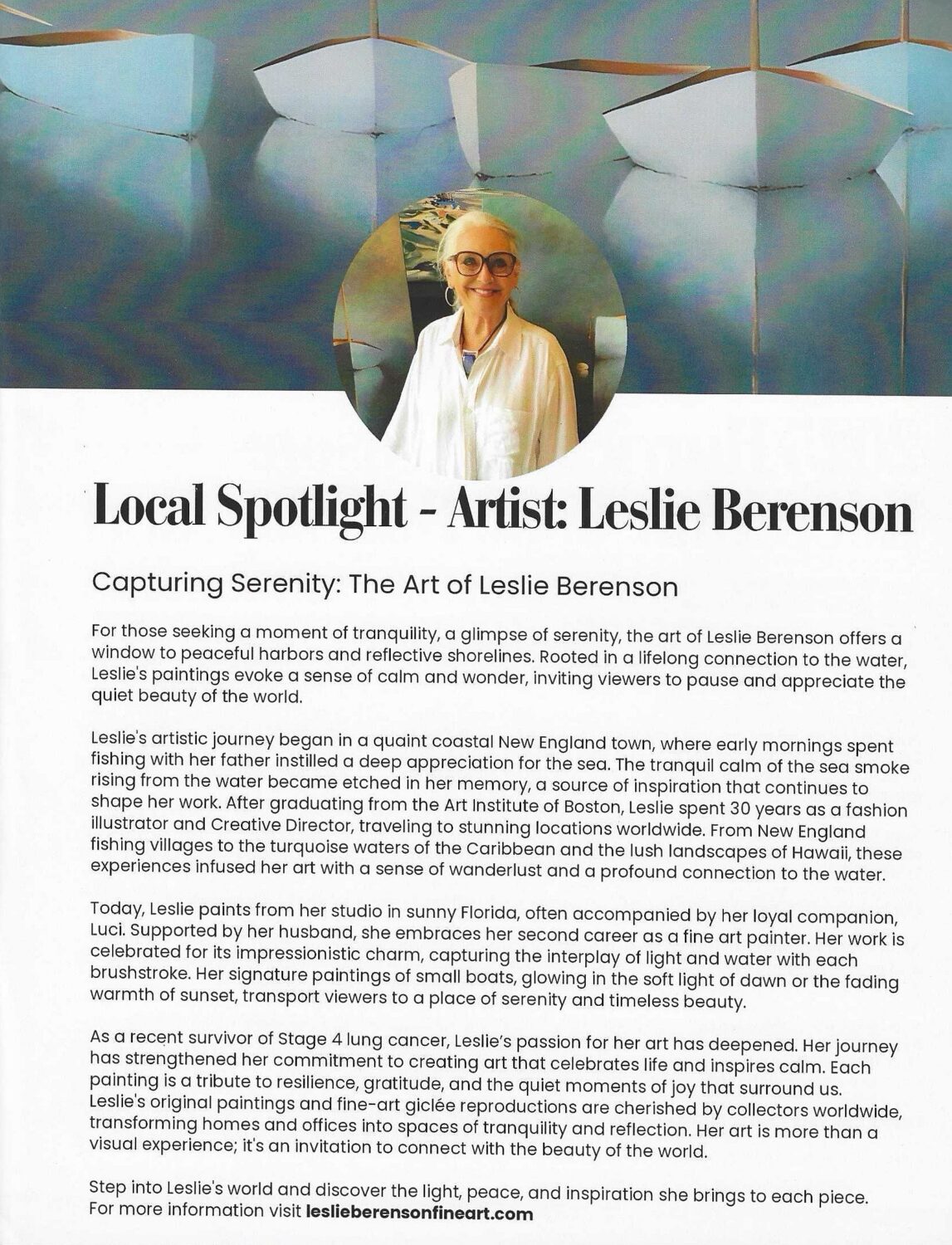 An article titled "Local Spotlight – Artist: Leslie Berenson" features a photo of Leslie Berenson, a woman with glasses and a white headscarf, standing in front of abstract art. The article explores how various locations influence her serene, water-inspired painting style.