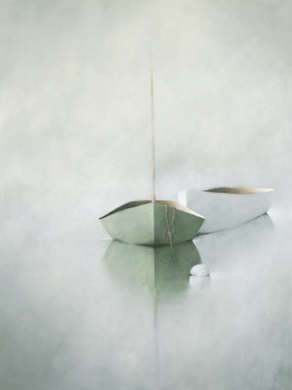 Two simple rowboats float on calm, misty water. The foreground boat is pale green with a rope draped over its bow, while the background boat is white. Both are reflected in the still water, and a small buoy floats nearby. The scene is softly lit and serene on the water.