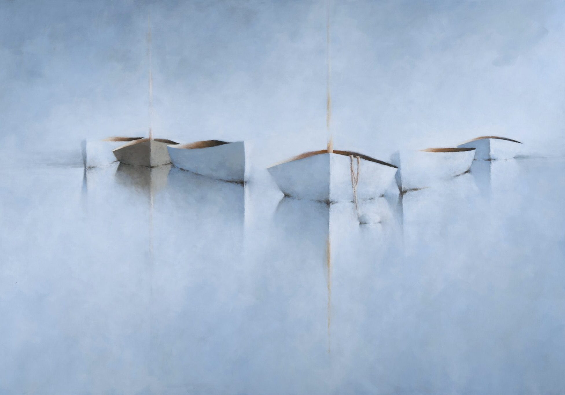 Four small boats float on calm, misty blue water. Their soft reflections appear beneath them, blending into the tranquil, almost abstract background, creating a peaceful and serene atmosphere. The scene is minimalistic with muted tones and gentle lighting.